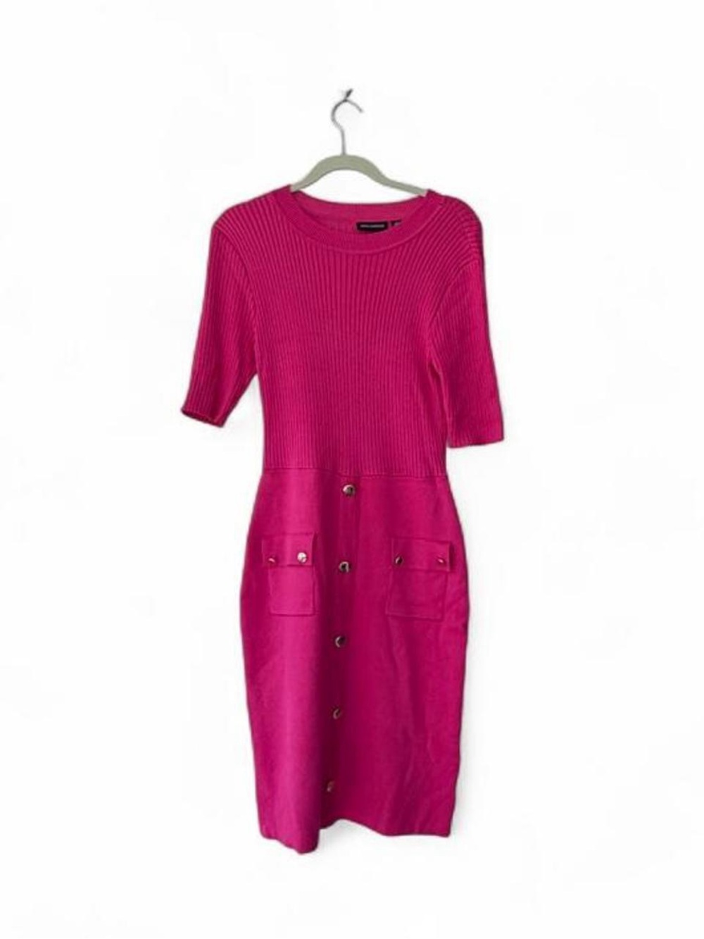 Nina Leonard Fuchsia Button-Front Knit Midi Dress